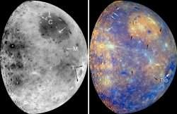 Crédit : NASA/Johns Hopkins University Applied Physics Laboratory/Arizona State University/Carnegie Institution 
of Washington and Figure 1 from Robinson et al., Science, 321, 66-69, 2008.