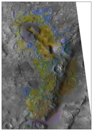 Canyon dans Nili Fossae : olivines (en jaune), argiles riches en smectites (en bleu) et carbonates (en vert) - Crédit : NASA / JPL / JHUAPL.