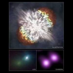 Crédit : Illustration: NASA/CXC/M.Weiss; X-ray: NASA/CXC/UC Berkeley/N.Smith et al.; IR: Lick/UC Berkeley/J.Bloom & C.Hansen
